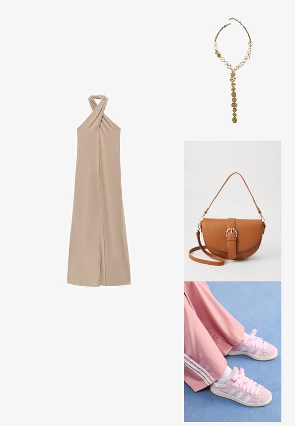 Vaaleanbeige halterneck-mekko, jossa on kiertävä muotoilu, pehmeää kangasta, virtaava siluetti ja pitkä malli, joka ulottuu lattiaan.; Vaaleanpunaiset urheilujalkineet, joissa on vaaleansiniset raidat, pyöreä kärki ja paksut vaaleanpunaiset nauhat. Niiden kanssa on yhdistetty vaaleanpunaiset treenihousut, joissa on valkoiset sivuraidat.; Ruskean nahkainen olkalaukku, jossa on kaareva muoto, kultaiset yksityiskohdat ja solkiyksityiskohta. Varustettu irrotettavalla olkahihnalla.; Kultaketjun, jossa on epäsäännöllisiä teksturoituja linkkejä ja Y-mallinen roikkuva osa, jota korostaa keskellä oleva riipus, joka muistuttaa kerroksittain asetettuja kolikoita.