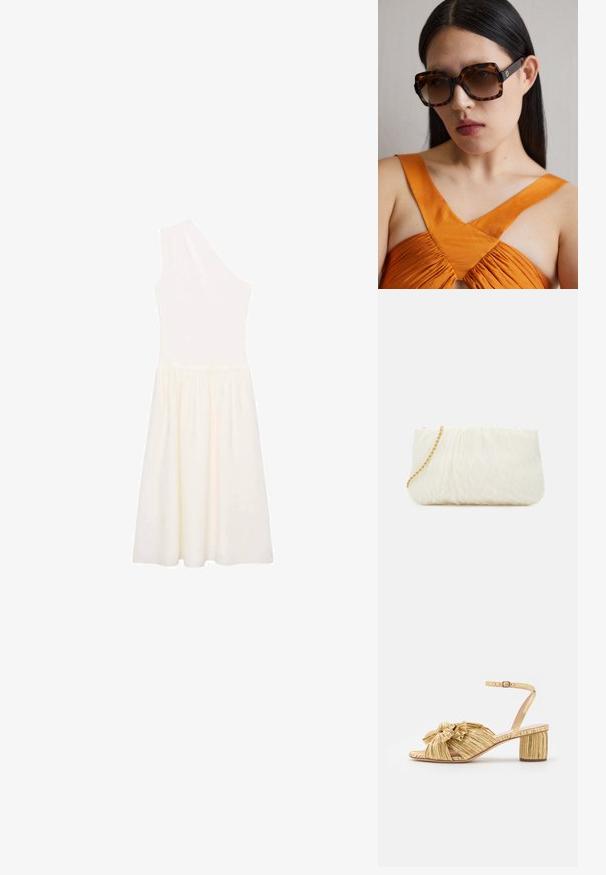 One-shoulder, knee-length dress in cream, made of lightweight fabric with a fitted bodice and a flowy skirt.; Golden heeled sandals featuring a textured, pleated design with a prominent bow detail. Ankle strap with adjustable buckle, medium block heel.; Brown tortoiseshell oversized sunglasses with a wide rectangular frame and gradient lenses. Gold logo detail on the side.; White textured clutch bag with a gathered design, featuring a gold chain strap. Smooth finish with subtle waves and rounded edges.