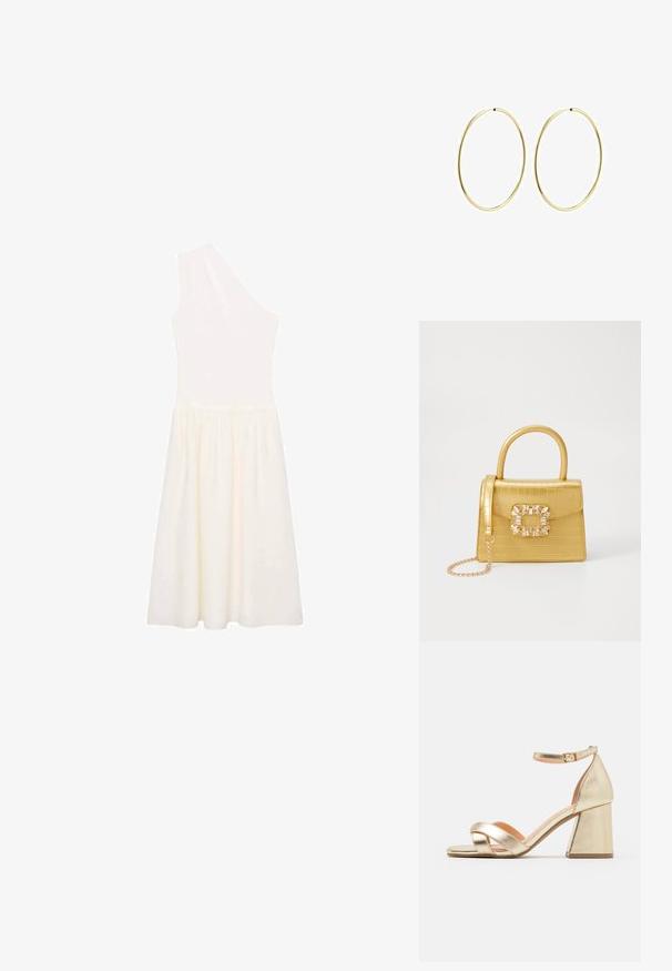 Einstöckiges, knielanges Kleid in Creme, aus leichtem Stoff gefertigt, mit figurnahem Oberteil und fließendem Rock.; Goldene, metallic glänzende Sandalen mit Absatz, offenem Zehenbereich und Kreuzbandschnürung. Der Knöchelriemen hat einen Schnallenverschluss.; Gelbe Kunstleder-Handtasche im Krokodil-Look mit strukturiertem Design, Obergriff, abnehmbarem Kettenriemen und dekorativer Kristallverzierung am Verschluss.; Goldene Creolen mit einem glatten, runden Design. Dünn und leicht, mit einem durchgehenden Ring ohne Verzierung.
