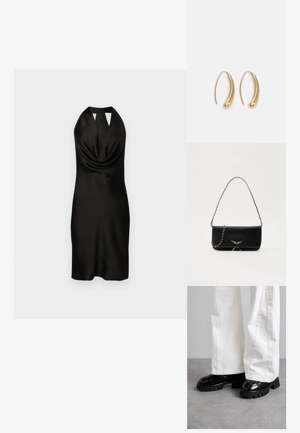 Juoda satino halterio suknelė su drapiruota priekiu, prigludusia siluetu ir išpjova prie kaklo, siekianti iki vidurinės šlaunies.; Juodos blizgaus paviršiaus avalynės su storu padu, derinamos su baltomis plačiomis kelnių. Pastebimas storas guminis raštas ir lygus batų paviršius.; Juodas odinis delninukas su sidabro spalvos grandinele, papuoštas dekoratyviniais sparnų akcentais ir balta siūle apačioje.; Auksinės metalinės auskarų kabės su lenktą, pailgą forma. Turi lygų, blizgantį paviršių ir užapvalintą galiuką papildomam akcentui.