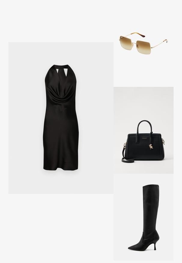 Robe noire en satin à col halter avec un devant drapé, une silhouette ajustée et un détail découpé au niveau du col, atteignant une longueur mi-cuisse.; Stuart Weitzman Bottes - black; Lunettes de soleil carrées avec des verres dégradés marron, monture en métal doré et accents écaille de tortue sur les tempes.; Sac à main en cuir noir avec un design structuré, deux poignées supérieures, une bandoulière amovible, des accessoires en or et un pendentif avec le logo.