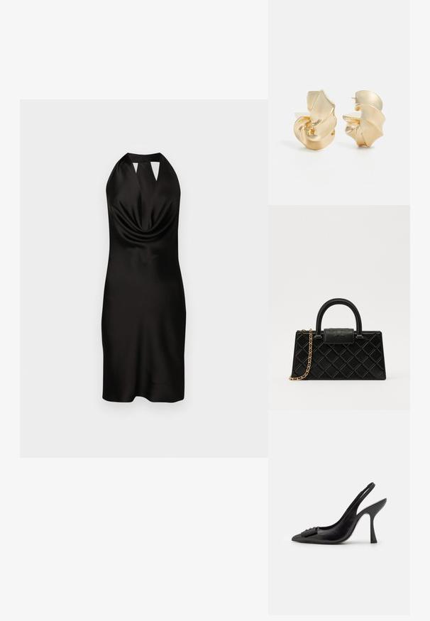 Robe noire en satin à col halter avec un devant drapé, une silhouette ajustée et un détail découpé au niveau du col, atteignant une longueur mi-cuisse.; Chaussure slingback en cuir noir avec un bout pointu, un talon haut fin et un accent de nœud décoratif. Texture lisse et design élégant.; Sac à main noir en cuir texturé, avec un motif en diamant, une sangle en chaîne dorée, et une poignée supérieure avec un rabat à fermeture logotypée.; Boucles d'oreilles en métal teinté or texturé avec un design sculptural en spirale. Comprend des surfaces lisses et des courbes réfléchissantes de lumière.
