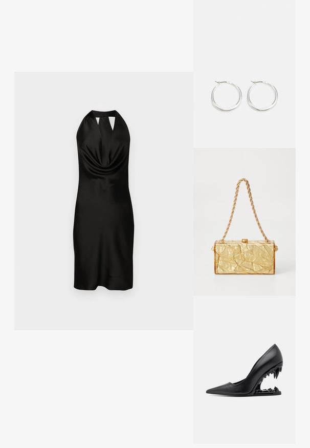 Melnas satīna haltera kakla kleita ar piekārtiem priekšējiem fragmentiem, cieši pieguļošu siluetu un izgriezumu pie kakla, garums līdz vidējiem augšstilbiem.; GCDS MORSO - Augsti papēži - nero; Zelta krunkainā tekstūras rokassoma ar taisnstūra formu, kas aprīkota ar ķēdes siksniņu un augšējo aizdari. Gluda, spīdīga apdare.; Sudraba riņķa auskariem ir gluda, noapaļota forma ar plānu profilu un drošu aizdari. Minimālistisks stils ar izpolētu apdari.