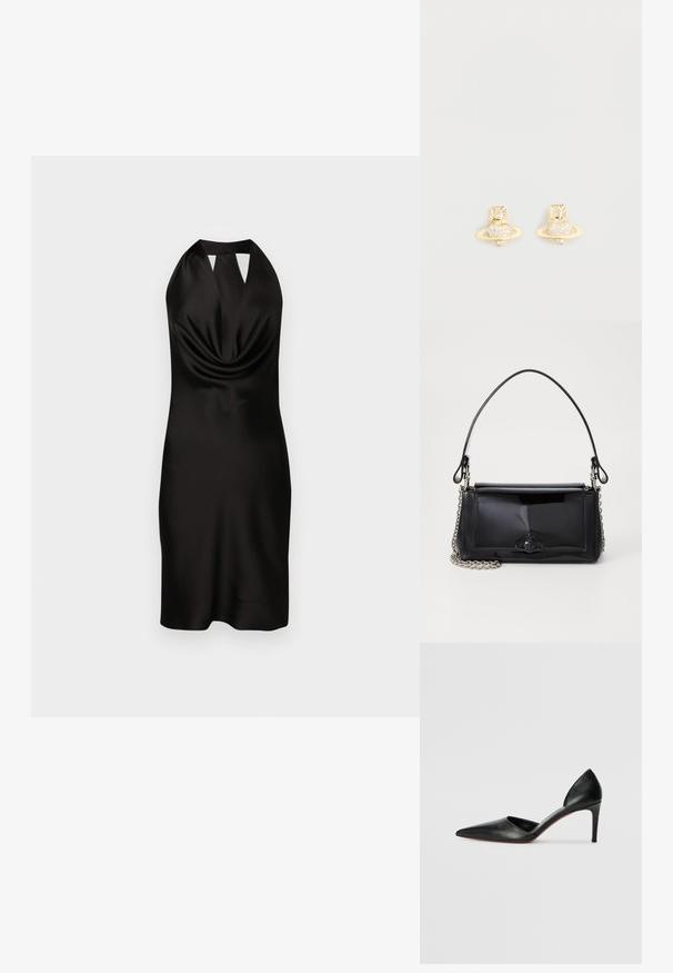Rochie neagră din satin, cu guler halter, cu un front drapat, silueta ajustată și detaliu tăiat la decolteu, ajungând până la mijlocul coapsei.; Pantofi cu toc înalt din piele neagră, cu vârf ascuțit, laturi deschise și o siluetă elegantă. Prezintă un toc subțire și un accent pe talpa roșie.; Geantă din piele patent neagră, cu o formă rectangulară, mânere din lanț și un accent distinctiv din metal în centru. Textură netedă.; Cercei cu tije de ton auriu, având un design inspirat de Saturn, cu o bandă texturată și cristale circulare încorporate pentru un plus de strălucire.