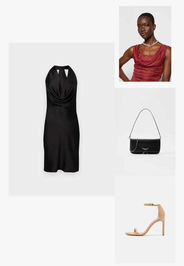 Black satin halter neck dress with a draped front, fitted silhouette, and cut-out detail at the neckline, reaching mid-thigh length.; Nude high-heeled sandal with a thin ankle strap, open toe, smooth leather, and a sleek, tapered heel. Minimalist design with gold hardware.; Black leather handbag with a silver chain strap, featuring decorative wing accents and white stitching along the bottom seam.; Cowl-neck, deep red dress with a smooth texture. Features a pearl necklace with a decorative silver accent at the center.
