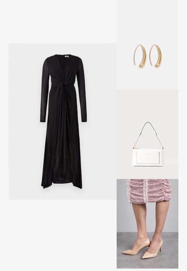 Črna obleka z dolgimi rokavi in povezanimi detajli spredaj ter tekočo tkanino. Ima globok V-izrez in postopno linijo roba za elegantno draperijo.; Bež usnjeni salonarji z visokim peto in koničastim nosom. Gladka tekstura z elegantnim oblikovanjem. Oblečeni z roza bleščečo obleko.; Bela usnjena torbica z teksturirano površino, ki vključuje zlat pas in črne detajle. Ima sprednji žep in zadrgo.; Zlato-tonirani kovinski uhani v obliki obroča s krivuljo in podolgovato obliko. Imajo gladko, sijočo površino in zaobljen vrh za dodaten detajl.