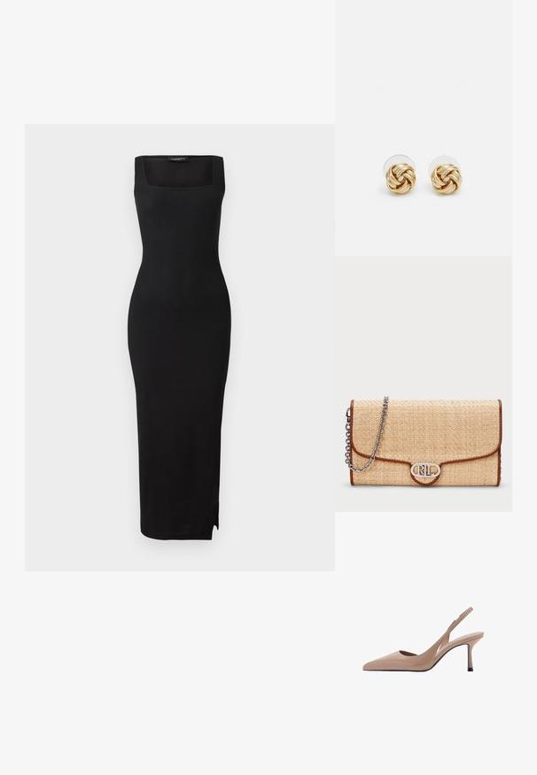 Black ribbed knit midi dress with a square neckline, fitted silhouette, and side slit. Material has a smooth texture. Simple design.; Nude slingback heels with pointed toe, smooth texture, and a thin stiletto heel. Cutout side detail adds a unique touch.; Woven straw clutch in light beige with brown leather accents. Features a silver chain strap and a branded metal closure. Rectangular shape.; Gold-tone knot stud earrings with a twisted design. Each earring features a circular clear backing for secure wear.