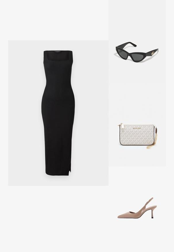 Čierne midi šaty z ribovaného úpletu so štvorcovým výstrihom, priliehavým strihom a postranným rozparkom. Materiál má hladkú štruktúru. Jednoduchý dizajn.; Najnižšie podpätky v telovej farbe s špicatou špičkou, hladkou textúrou a tenkým stiletto podpätkom. Výrez na boku dodáva jedinečný dotyk.; Slnečné okuliare v tvare mačacích očí s matným čiernym plastovým rámom, tmavými sklami a zlatým logom na bočnej strane. Ostrý dizajn a hladká textúra.; Michael Kors zápästná taška v béžovej potiahnutej plátenej tkanine s opakujúcim sa vzorom loga MK, zlatým kovania a odnímateľným reťazovým popruhom.