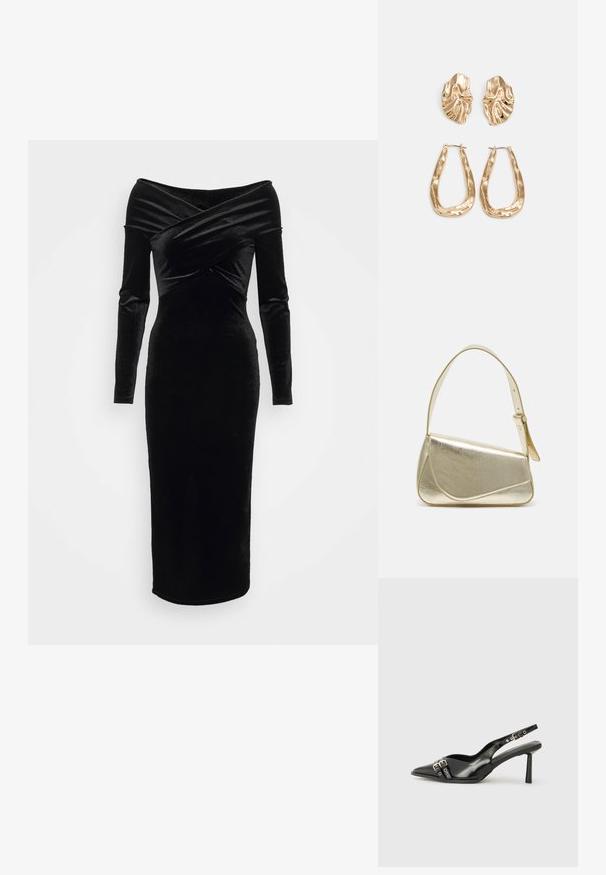 Robe en velours noir à épaules dénudées avec manches longues, silhouette ajustée et design croisé au niveau de la poitrine. Longueur midi et texture lisse.; Chaussure slingback en cuir verni noir avec un embout pointu, des brides de cheville avec des boucles en argent et des éléments en métal, et un talon fin.; Sac à main en métal doré avec un design structuré, texture lisse et bandoulière ajustable. Présente une forme triangulaire unique et des coutures minimalistes.; Boucles d'oreilles dorées présentant des formes texturées et ondulées. Comprend des clips sculpturaux et un design de créoles ouvertes avec une finition martelée.