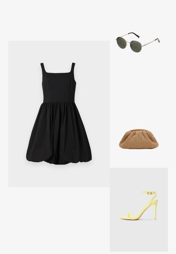 Black sleeveless dress with a square neckline, fitted bodice, and gathered, flared skirt ending in a rounded hem. Smooth fabric.; Yellow patent leather high-heeled sandals with two front straps and an ankle strap featuring a buckle. Slim, pointed heel design.; Round sunglasses with metallic gold frames and dark green lenses. The arms feature a tortoiseshell design for added detail.; Knit beige clutch bag with a gathered design and rounded shape, featuring a textured fabric finish and soft top opening.