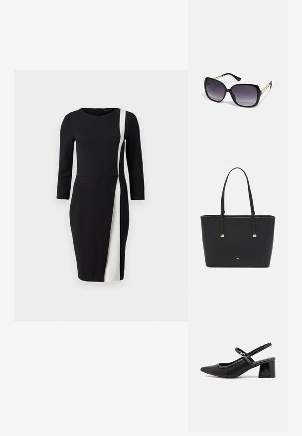 Fekete ruha háromnegyedes ujjal, fehér átlós csíkkal. Simasága miatt kedvelt anyag, szűkített derék és térd felett végződő fazon.; Fekete lakk bőr, pántos magassarkú cipő, hegyes orral, lekerekített kivágással és tömbsarkal. Arany színű csat díszíti.; Fekete, oversize napszemüveg fokozatos árnyalatú lencsékkel, vastag kerettel és arany színű lánc díszítéssel a szárakon.; Fekete tote táska szintetikus anyagból, egyszerű téglalap formájú dizájnnal, arany négyzet díszítésekkel és dupla fogantyúkkal.