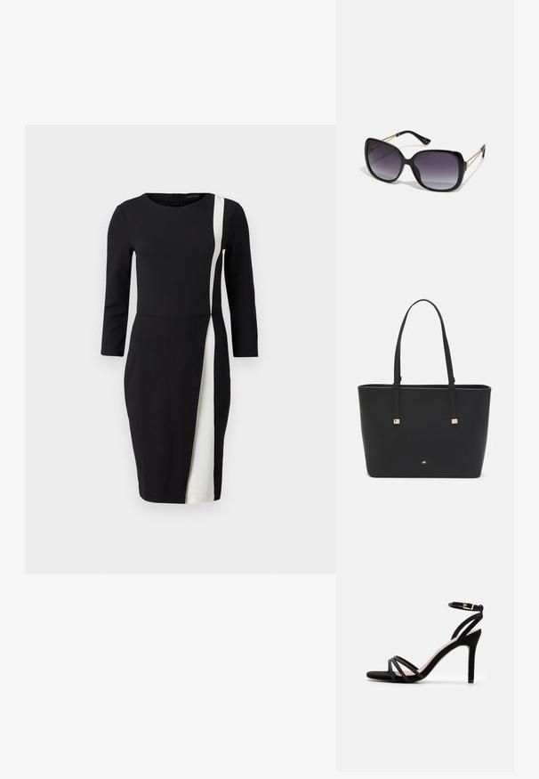 Vestido negro con mangas tres cuartos, que presenta una franja diagonal blanca. Está hecho de una tela suave, con una cintura ajustada y un diseño hasta la rodilla.; Anna Field Sandalias - black; Gafas de sol negras de gran tamaño con lentes degradados, montura gruesa y detalles de cadena en tono dorado en las patillas.; Bolso tote negro hecho de material sintético, con un diseño rectangular simple, acentos cuadrados dorados y asas dobles.
