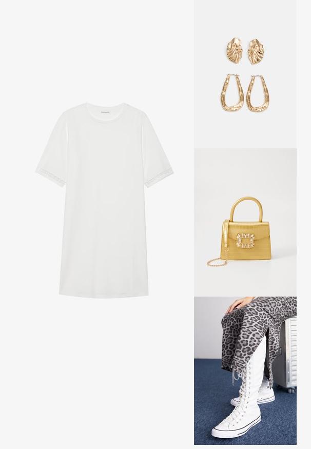 White t-shirt dress in cotton with short sleeves. Features decorative lace detailing on sleeve edges. Simple, relaxed cut.; White lace-up boots with a high shaft, made of canvas, feature black accents. Paired with a gray leopard print skirt that has side slits.; Yellow faux-crocodile handbag with a structured design, top handle, detachable chain strap, and decorative crystal embellishment on the clasp.; Gold-tone earrings featuring textured, wavy shapes. Includes sculptural clip-on studs and open hoop design with a hammered finish.