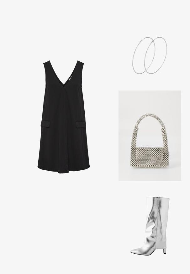 Schwarzes, ärmelloses V-Ausschnittkleid mit vorderen Klappentaschen und A-Linien-Silhouette.; Silberne Lederstiefel bis zum Knie mit spitzem Fuß, glatter Textur und schlankem Design. Verfügt über einen kleinen Blockabsatz und gestickte Details.; Silberne Perlen-Handtasche mit einem gebogenen Griff, rechteckigem Körper und überzogen mit reflektierenden Edelsteinen, ausgestattet mit einer Klapptasche auf der Vorderseite.; Silberne Creolen mit minimalistischem Design. Rundform, glatte Oberfläche und dünnes Profil. Leichtgewichtig mit hochglänzender Oberfläche.