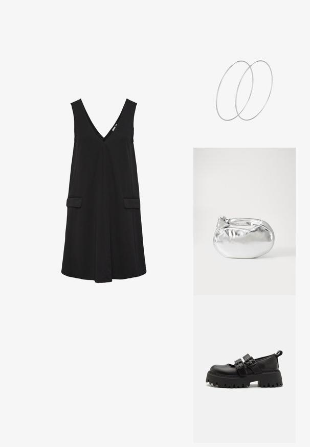 Svart ärmlös V-ringad klänning med framfickor och A-linjeformad siluett.; Svarta plattformsskor med rund tå, flera spännband och en strukturerad, kraftig sula. Tillverkade av glänsande syntetmaterial.; Silverfärgad metallisk påse med en mjuk, rundad form och en knutstängning upptill. Tillverkad av ett mjukt material i konstläder.; Silverfärgade hoopörhängen med en minimalistisk design. Cirkulär form, slät yta och tunn profil. Lätta med en polerad finish.