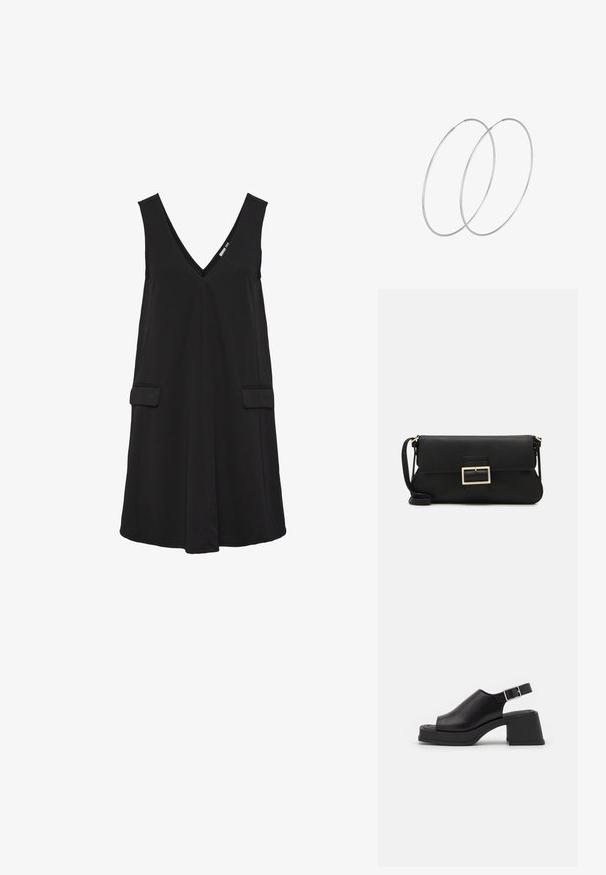 Black sleeveless V-neck dress with front flap pockets and A-line silhouette.; Vagabond HENNIE - Platform sandals - black; Black leather clutch bag with a flap and a gold metal buckle detail. Includes a black strap and a sleek, minimalist design.; Silver hoop earrings with a minimalist design. Circular shape, smooth texture, and thin profile. Lightweight with a polished finish.