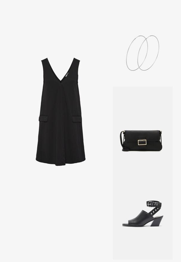 Musta ilman hihoja V-pääntie mekko, jossa on etutaskut ja A-linjainen siluetti.; Avoin varvastoppa musta nahkasaapas, jossa on nilkkaremmi, solkikiinnitys ja hopeiset niittiaktsentit remmissä, sekä tukkikorko.; Musta nahkainen kynäpenkkilaukku, jossa on läppä ja kultainen metallinen solkiyksityiskohta. Mukana musta hihna ja tyylikäs, minimalistinen muotoilu.; Hopehope hopeilla, joissa on minimalistinen muotoilu. Pyöreä muoto, sileä pinta ja ohut profiili. Kevyet ja kiillotetut.