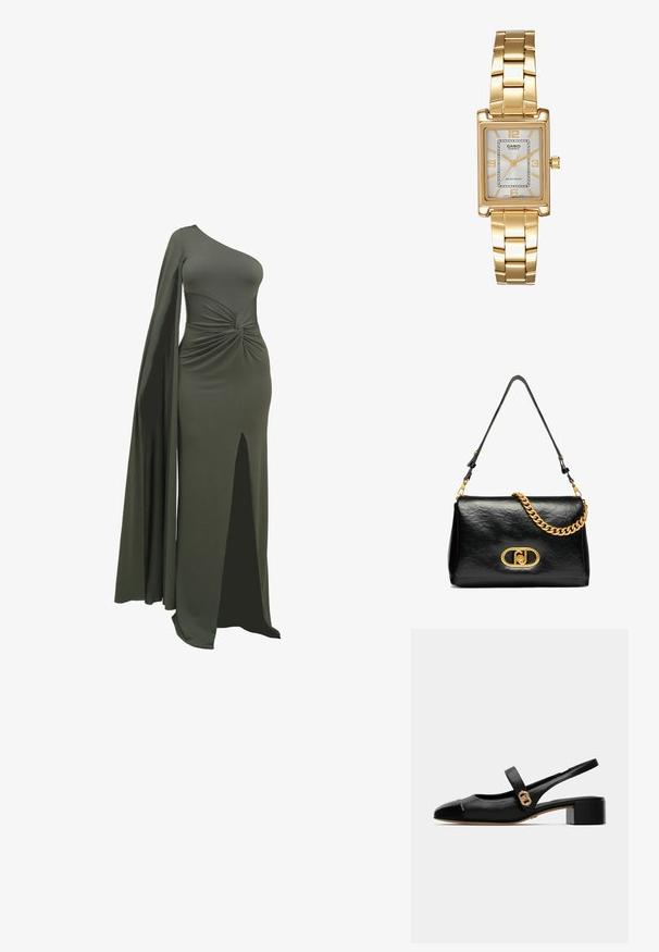 Zelena enoramna obleka iz gladkega, raztegljivega materiala. Ima zvit detajl okoli pasu in razporek do stegna na eni strani.; Črne usnjene čevlje s slingback obliko in zaobljenim prstom, ki imajo sijoč odprti del in zlat poudarek na traku, zavarovan z majhnim blokastim petam.; Črna usnjena torbica za ramo z gubano teksturo, zlatim verižnim dodatkom in izrazitim zlatim sponko z ovalnim logotipom. Prilagodljiv trak za ramo.; Zlato obarvana pravokotna ročna ura z belo številčnico, srebrnimi kazalci in trdno kovinsko zapestnico. Vključena je vodoodporna funkcija.