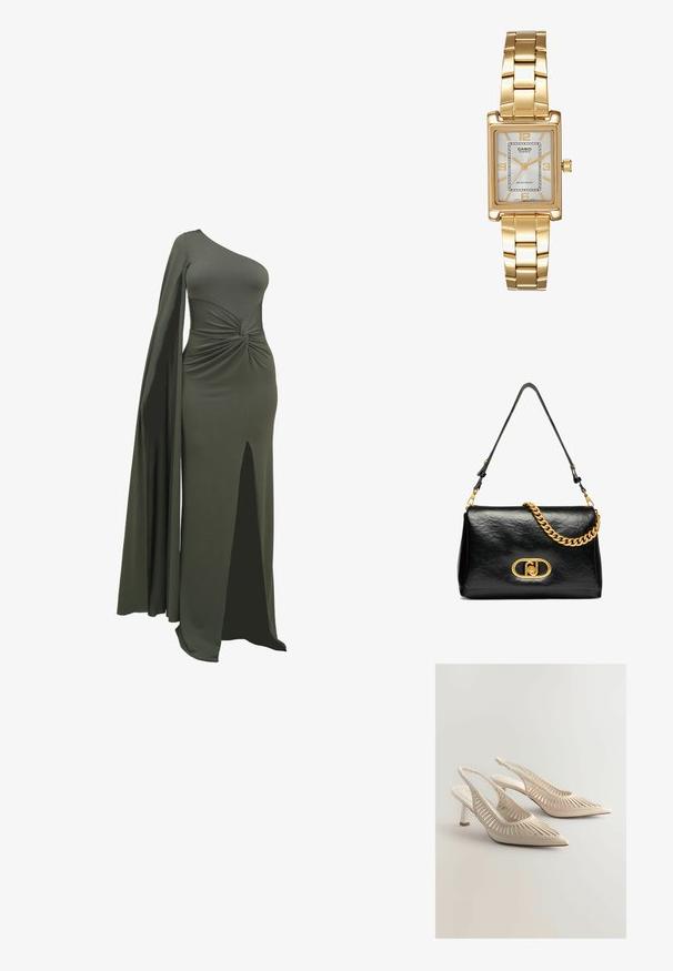 Abito verde a spalla unica realizzato in tessuto liscio e elasticizzato. Presenta un dettaglio attorcigliato in vita e uno spacco alto fino alla coscia su un lato.; Tacchi slingback beige con punta affusolata, caratterizzati da un design a strisce con ritagli, dettagli intrecciati e un piccolo tacco a blocco. Finitura di superficie liscia.; Borsa a spalla in pelle nera con texture rugosa, accentata da una catena dorata e un grande fermo dorato con logo ovale. Cinghia regolabile.; Orologio da polso rettangolare dorato con quadrante bianco, indicatori delle ore in tono argento e un robusto bracciale in metallo. Include la funzione di resistenza all'acqua.