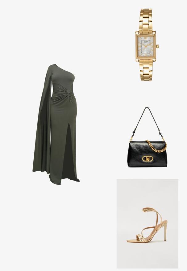 Grön, enaxlad klänning gjord av mjukt, stretchigt tyg. Har en tvinnad detalj vid midjan och en hög slits på ena sidan.; Even&Odd Sandaletter - gold; Svart läder axelväska med en skrynklig textur, guld kedjedetaljer och en framträdande guldkrok med en oval logotyp. Justerbar axelrem.; Guldtonad rektangulär armbandsklocka med en vit urtavla, silvertonade timmarkörer och ett hållbart metallarmband. Vattentålig funktion ingår.