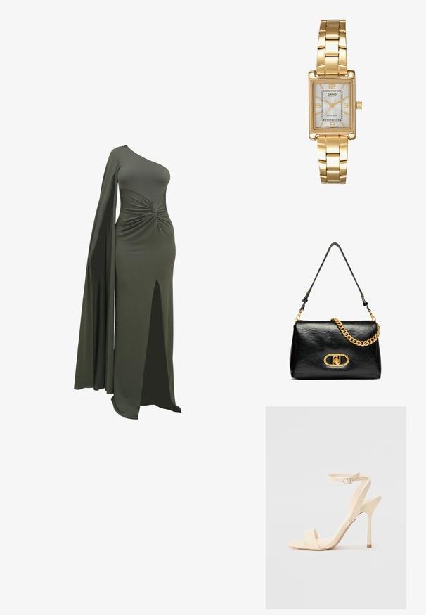 Zelené, jednoramenné šaty vyrobené z hladkého, elastického materiálu. Mají zkroucený detail v pase a rozparek až ke stehnům na jedné straně.; Béžové sandály na vysokém podpatku s jemným kotníkovým páskem a čtveratou špičkou. Hladký syntetický materiál, minimalistický design a lodičkový podpatek.; Černá kožená kabelka přes rameno s pomačkanou texturou, zlatým řetízkem jako doplňkem a výraznou zlatou sponou se oválným logem. Nastavitelný ramenní popruh.; Zlatý obdélníkový náramkový hodin s bílým ciferníkem, stříbrnými indexy a odolným kovovým náramkem. Obsahuje voděodolnou funkci.
