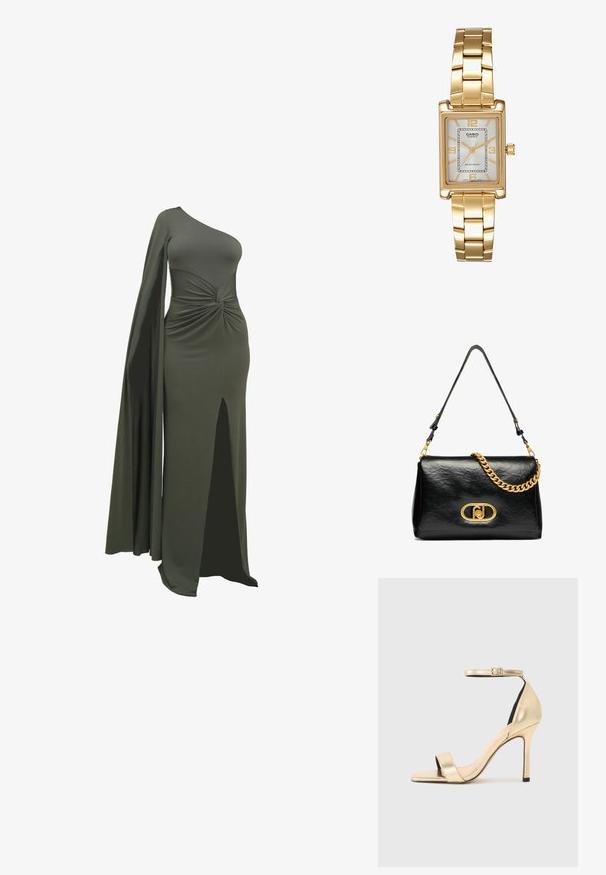 Žalia, vieno peties suknelė pagaminta iš lygaus, tamprių audinių. Turi sukimosi detalę juosmens srityje ir šlaunies aukščio iškirpimą iš vienos pusės.; Auksinės metalinės aukštakulnių sandalai su plonu kulkšnies dirželiu, atvira pirštų dalimi ir elegantišku dizainu. Pasižymi lygiu tekstūru ir minimaliais akcentais.; Juodas odinis peties krepšys su raukšlėtu paviršiumi, auksiniu grandinėlės akcentu ir ryškiu auksiniu užsegimu su ovalo formos logotipu. Reguliuojama peties juosta.; Aukso spalvos kvadratinis laikrodis su baltu ciferblatu, sidabro spalvos valandų žymekliais ir patvariu metaliniu apyrankiu. Įtrauktas vandeniui atsparus funkcionalumas.