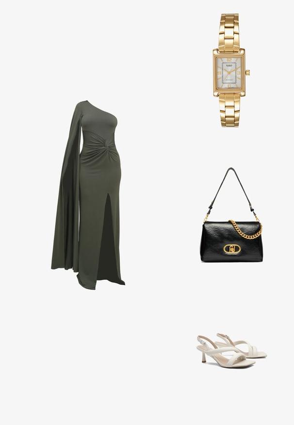 Zelené šaty na jedno rameno vyrobené z hladkej, elastickej látky. Obsahujú skrútený detail v páse a vyšší rozparok na jednej strane.; Biele sandále s prekríženými remienkami, minimalistický dizajn, štvorcová päta a tenký opätok. Hladký materiál s matným povrchom.; Čierna kožená taška cez rameno s pokrčenou textúrou, zlatým reťazovým akcentom a výrazným zlatým uzáverom s oválnym logom. Nastaviteľný ramenný popruh.; Zlatý obdĺžnikový náramkový hodinky s bielym ciferníkom, striebornými indexmi a odolným kovovým náramkom. Obsahuje vodoodolnú funkciu.