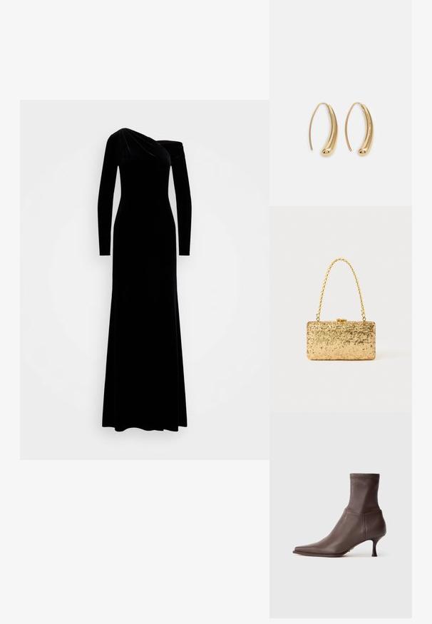 Black velvet dress with a fitted silhouette. Features long sleeves and an asymmetrical neckline, creating a smooth, elegant design.; Brown leather ankle boot with pointed toe and slim mid-height heel on white background.; Gold sequin clutch with a rectangular shape, featuring a twisted chain handle and a metal clasp closure, reflecting light with a textured finish.; Gold-tone metal hoop earrings with a curved, elongated shape. Features a smooth, shiny surface and a rounded tip for added detail.
