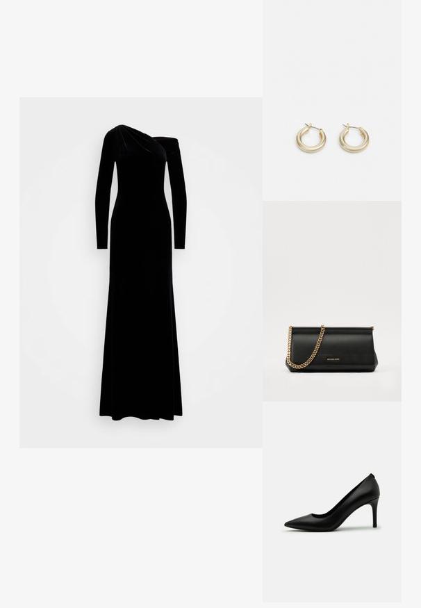 Sort fløjlskjole med en tætsiddende silhuet. Har lange ærmer og en asymmetrisk halsudskæring, hvilket skaber et glat, elegant design.; Sorte højhælede pumps lavet af glat læder, med en spids tå og en slank stilettohæl. Minimalistisk design uden synlige udsmykninger.; Sort læder clutch taske med en guldkæde strop, der har en glat tekstur, rektangulær form og præget branding på forsiden.; Lauren Ralph Lauren BASIC SMALL HOOP - Øreringe - gold-coloured