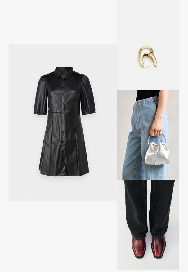 Vestido de cuero negro con cuello de camisa, mangas cortas abullonadas y cierre frontal de botones. Textura suave con una silueta acampanada.; Botas de tobillo de cuero rojo con un diseño de punta cuadrada, que cuentan con una suela de goma negra en contraste. Combinadas con unos jeans de mezclilla oscuros.; Bolso tipo bucket metálico en plata con un acabado texturizado, adornado con un asa redonda plateada y cierre de cordón, sostenido contra unos jeans azul claro.; Pendiente de metal en tono dorado con un diseño elegante y curvado. Presenta una forma puntiaguda distintiva, superficie pulida y cierre de bisagra.