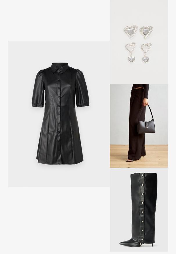 Black leather dress with a shirt collar, short puff sleeves, and a button-down front. Smooth texture with a flared silhouette.; Black leather high-heeled boots featuring a fitted design, pointed toe, and silver snap button accents along the side.; Black handbag with structured shape, smooth texture, and a metallic clasp. Paired with wide black pants and open-toe sandals on wooden floor.; Silver heart-shaped earrings feature faceted clear stones, with a textured frame. The set includes stud and drop styles.