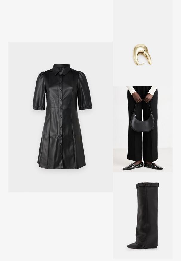 Črna usnjena obleka s kragnico, kratkimi naborki na rokavih in gumbastim zapiranjem spredaj. Gladka tekstura z razširjeno silhueto.; Steve Madden CORENNE - Škornji z visoko peto - black; Črna usnjena torba za ramo z zaokroženo obliko, sijajno površino in srebrnimi dodatki. Oseba nosi črne široke hlače in loaferje s konicami.; Uhane nakit iz zlatastega tona z gladko, ukrivljeno zasnovo. Ima edinstveno koničasto obliko, polirano površino in zaponko s tečajem.