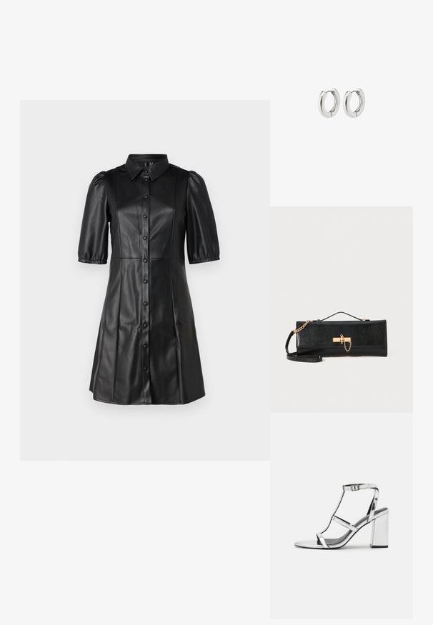 Černé kožené šaty s límečkem, krátkými nabíranými rukávy a zapínáním na knoflíky. Hladká textura s rozšířenou siluetou.; Stříbrná kovová sandálová obuv na podpatku s designem T-řemínku, nastavitelnou sponou na kotníku a blokovým podpatkem, s hladkým, reflexním povrchem.; Černá psaníčko s texturovaným povrchem, zlatým řetízkovým popruhem a uzavíráním na klip. Obdelníkový tvar s elegantním, minimalistickým designem.; Stříbrné kruhové náušnice s lesklým povrchem, které mají obdélníkový design a bezproblémové závěsy, vykazující hladký povrch.