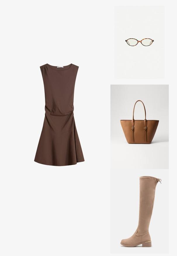 Bez rukava, smeđa haljina do koljena s okruglim izrezom i blagim naborima sa strane, lepršava suknja na praznoj bijeloj pozadini.; Čizme od bež sueda do koljena s okruglim vrhom, blok petom i suptilnim zlatnim detaljem na peti. Glatka tekstura s prilagođenim dizajnom.; Naočale u boji kornjače s ovalnim staklima i elegantnim, glatkim završetkom. Imaju tanke strane s suptilnom krivuljom na sljepoočnicama. Prozirna stakla.; Smeđa kožna torba s teksturiranom površinom, suženim oblikom, dva čvrsta ručka i dekorativnim zlatnim metalnim detaljima.