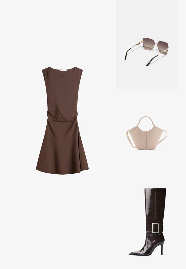 Bez rukava, smeđa haljina do koljena s okruglim izrezom i blagim naborima sa strane, lepršava suknja na praznoj bijeloj pozadini.; Tamnosmeđe kožne čizme do koljena s oštrim vrhom, potpeticom u stiletto stilu i širokim remenom s velikom pravokutnom srebrnom kopčom.; Naočale za sunce s okvirom od ružičastog zlatnog metala, kutnim lećama koje se nijansiraju od tamnosmeđe do svijetlosmeđe, i uzorkom kornjačevine na kapanima.; Bež kožna torba jedinstvenog oblika, s dva kratka ručka i dugom podesivom trakom. Glatka tekstura s minimalnim metalnim dodacima.