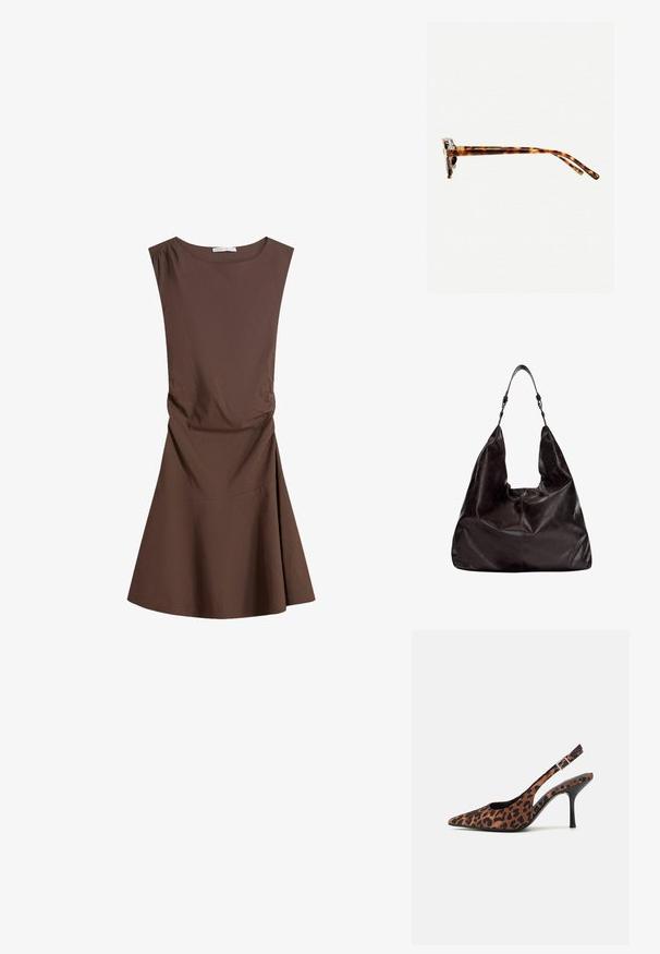 Rochie maro fără mâneci, cu lungimea până la genunchi, decolteu rotund și ușoară fronuire laterală, cu fustă evazată pe fundal alb simplu.; Sandale cu toc înalt din materiale cu imprimeu de leopard, cu vârf ascuțit, toc lucios negru și curea pentru gleznă ajustabilă. Material moale cu un finisaj texturat.; Ochelari de soare cu ramă de țestoasă, cu un cadru gros, temple ușor curbate și textură netedă. Prezintă un design clasic, cu o finisare lucioasă.; Geantă de umăr din piele maro închis, cu o formă relaxată, deschidere largă și un singur umăr. Prezintă accente subtile de cusătură.