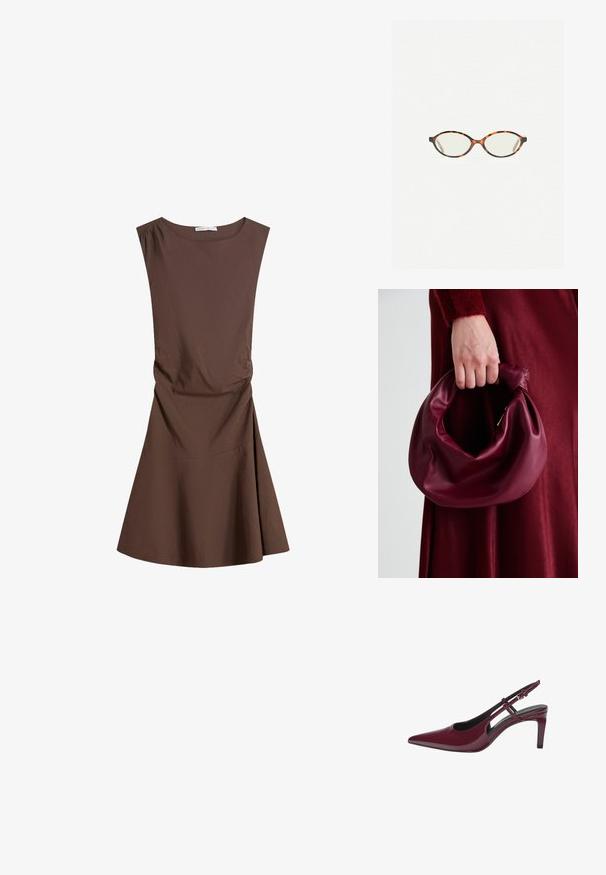 Bezramenné hnědé šaty po kolena s kulatým výstřihem a mírným bočním nařasením, široká sukně na bílém pozadí.; Burgundské lakované kožené sandály na podpatku s špičatou špičkou a středně vysokým podpatkem, s výřezovým designem a nastavitelným popruhem.; Želvovinové brýle s oválnými čočkami a hladkým, jemným povrchem. Má tenké bočnice s jemným zakřivením v chrámcích. Čiré čočky.; Burgundská kožená kabelka s měkkým, nabíraným designem a zaobleným tvarem. Ucho je zajištěné a vykazuje hladkou texturu.