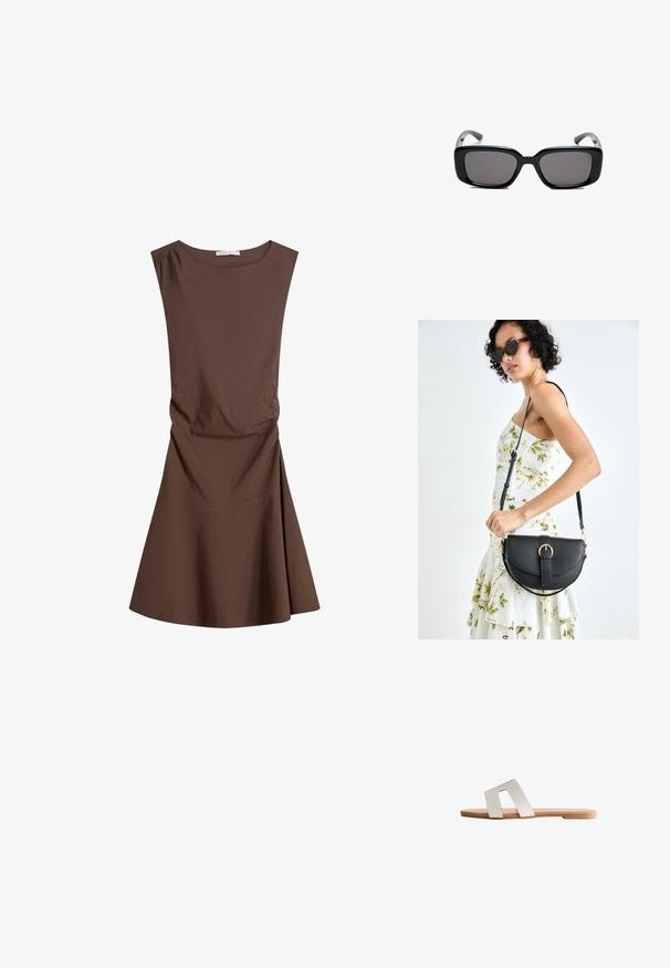 Ärmelloses, braunes, knielanges Kleid mit Rundhalsausschnitt und leichtem seitlichem Raffungen, ausgestellter Rock auf weißem Hintergrund.; Weiße Leder-Slidesandale mit offenem Zeh, ausgestattet mit einem breiten Riemen und einem minimalistischen Design. Naturfarbener flacher Schuhsohle.; Schwarze rechteckige Sonnenbrille mit dunklen Gläsern, glattem Kunststoffrahmen und gebogenen Bügeln. Das Design ist klobig mit einer minimalistischen Ästhetik.; Schwarze Lederhandtasche mit geschwungener Form, abnehmbarem Tragegurt und goldenen Beschlägen. Die Tasche verfügt über einen Deckel mit einer Schnallen-Details.