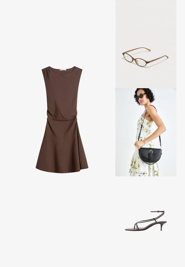 Sleeveless brown knee-length dress with round neckline and slight side ruching, flared skirt on plain white background.; Brown leather heeled sandals with thin straps, a minimalist design, open toe, and a slender stiletto heel. Includes an adjustable ankle strap.; Brown tortoiseshell glasses with oval lenses, thin arms, and transparent accents. Features a subtle logo on the temple. Sleek, lightweight design.; Black leather handbag with a curved shape, detachable strap, and gold hardware. The bag features a flap with a buckle detail.
