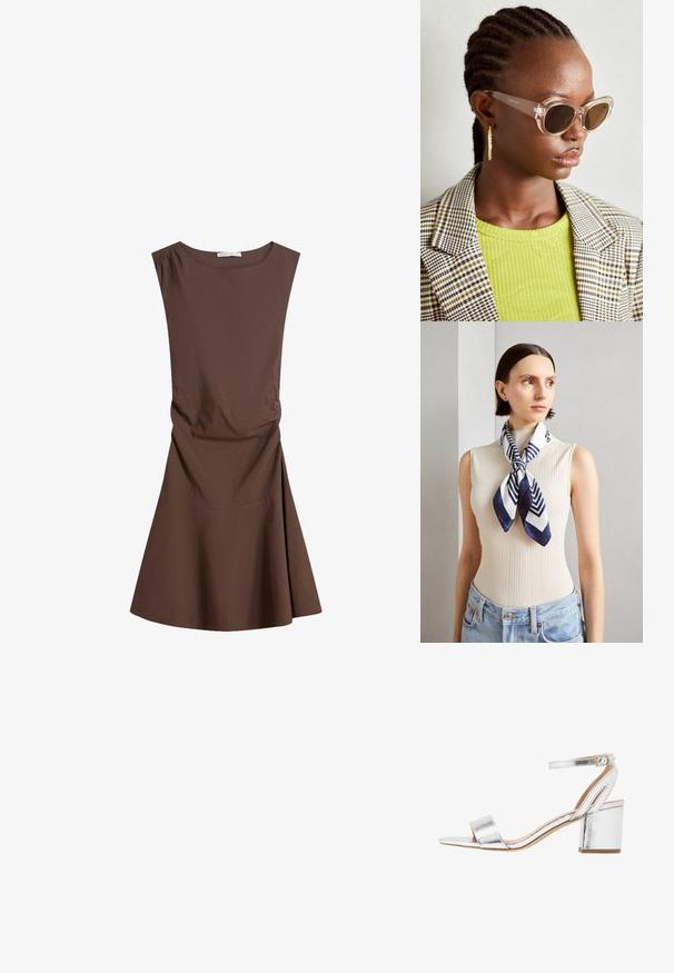 Bez rukava, smeđa haljina do koljena s okruglim izrezom i blagim naborima sa strane, lepršava suknja na praznoj bijeloj pozadini.; Srebrne metalizirane sandale na visokom petu s širokom trakom za prste, trakama oko gležnja i blok petom. Glatka tekstura s sjajnim završetkom i minimalistički dizajn.; Prozirne mačkaste sunčane naočale s smešnim lećama i transparentnim okvirom. Manekenka nosi zeleni rebrasti top i karirani blejzer. Zlate kružne naušnice.; Svila marama u tamnoplavoj i bijeloj boji s geometrijskim zigzag uzorkom. Glatka tekstura, uredno vezana oko vrata, koja dodatno ističe rebrasti top.
