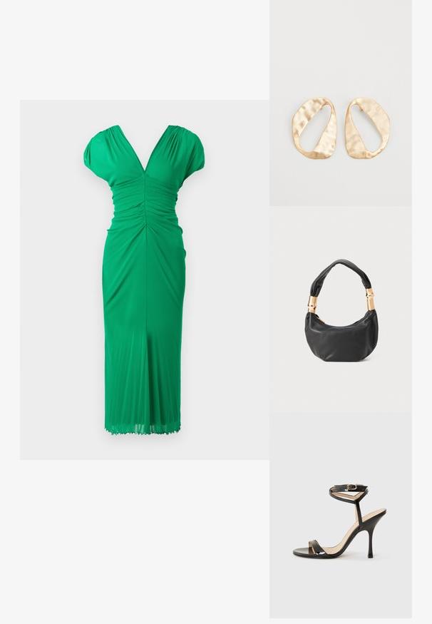 Zielona sukienka do kolan wykonana z elastycznej tkaniny, z dekoltem w kształcie V, marszczeniem, krótkimi rękawkami i dopasowaną sylwetką.; Czarne lakierowane sandały na wysokim obcasie z cienkim paskiem na kostkę i klamrą, otwarty czubek oraz smukły obcas w szpilkę na białym tle.; Czarna skórzana torebka o okrągłym kształcie, miękkiej fakturze i wiązanym uchwycie z akcentami w złotym odcieniu. Zamek błyskawiczny.; Para nieregularnych, owalnych kolczyków ze złotego metalu o teksturowanej, lekko młotkowanej powierzchni na białym tle.