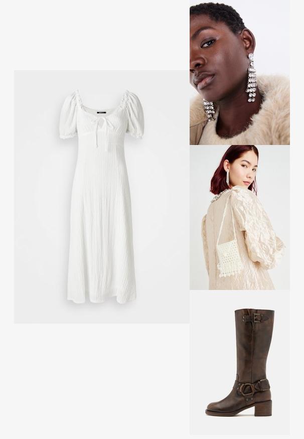 Rochie albă dintr-un material texturat, cu mâneci bufante, decolteu pătrat și un detaliu cu legare în față la bust. Se termină la jumătatea gambei.; Cizmă din piele maro, până la genunchi, cu vârful rotund, toc masiv și detalii cu curea pe lateral. Textură netedă cu un finisaj uzat.; Geantă din mărgele, realizată din perle albe, având o suprafață texturată și un fund franjurat, purtată împreună cu o ținută bej, șifonată.; Cercei din argint cu multiple pietre strălucitoare, având un design în cascadă și suprafețe texturate, pe un fundal neutru.