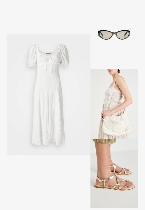 Valkoinen mekko, jossa on teksturoitu kangas, puffihihat, neliömainen pääntie ja edessä solmittava yksityiskohta rinnan kohdalla. Ulottuu nilkkoihin saakka.; Kultaiset metalliset tasapohjaiset sandaalit, joissa on ristikkäiset hihnat ja nilkkamitoitus. Pohja on vaaleanruskea ja sileä, korostaen tyylikästä muotoilua.; Mustat kissakuvioiset aurinkolasit harmailla tummennetuilla linsseillä. Muovikehyksissä on terävät reunat ja sileä, kiiltävä pinta.; Valkoinen kangaskassi, jossa on kerrostettu pinta, säädettävä olkahihna ja hopeiset yksityiskohdat. Esillä kermaisen värisen mekon vieressä.; Valkoinen kangaskassi, jossa on kerrostettu pinta, säädettävä olkahihna ja hopeiset yksityiskohdat. Esillä kermaisen värisen mekon vieressä.