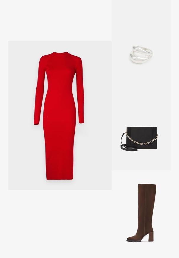 Vero Moda Tall VMWILLOW DRESS - Strickkleid - salsa; Braune knöchelhohe Stiefel aus weichem Material, mit einer quadratischen Zehenform, Blockabsatz und einer strukturierten Gummisohle. Klare Linien ohne Verzierungen.; Schwarze Leder-Crossbody-Tasche mit glatter Textur, rechteckiger Form und metallic-kettendetail auf der Vorderseite. Verstellbarer Gurt inklusive.; Silberner Doppelring mit einer glatten, polierten Oberfläche. Verfügt über ein fließendes, kurviges Design mit überlappenden Abschnitten für einen modernen Look.