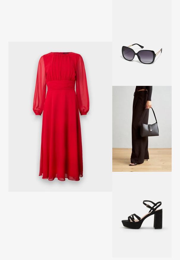 Vestido de gasa rojo con mangas largas y transparentes, cuerpo plisado y una silueta en A fluida. Textura suave y diseño hasta el tobillo.; Sandalias de plataforma de ante negro con un tacón bloque, que cuentan con tiras entrecruzadas y una correa con hebilla en el tobillo para un ajuste seguro.; Gafas de sol negras de gran tamaño con lentes degradados, montura gruesa y detalles de cadena en tono dorado en las patillas.; Bolso negro con forma estructurada, textura suave y un cierre metálico. Combinado con pantalones anchos negros y sandalias de dedo en un suelo de madera.