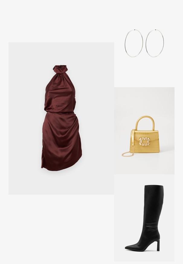 Bordeaux satin halterneck kjole med en samlet halsudskæring, tætsiddende liv og draperet nederdel med en sideslids. Glat tekstur.; Even&Odd Høje støvler/ Støvler - black; Gul faux-krokodille skuldertaske med struktureret design, top-håndtag, aftagelig kædetraske og dekorativ krystaldekoration på låsen.; Sølvøreringe med en glat, rund design og en poleret overflade. De er tynde og lette, og har en simpel lås.