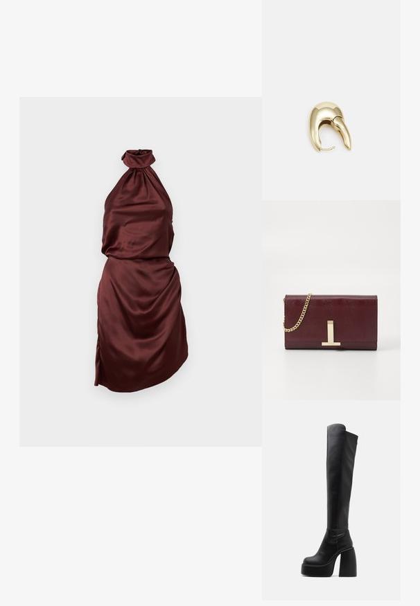 Abito in satin bordeaux con scollatura a halter, scollatura arricciata, corpino aderente e gonna drappeggiata, dotato di uno spacco laterale. Texture liscia.; Buffalo HEART STRETCH BOOT - Stivali con plateau - black; Clutch in ecopelle testurizzata bordeaux con tracolla in catena dorata e chiusura con accento metallico. Forma rettangolare, finitura liscia, dettagli minimali.; Orecchino in metallo color oro con un design elegante e curvo. Presenta una forma appuntita distintiva, superficie lucida e chiusura a cerniera.