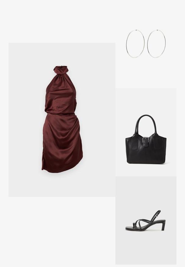 Burgundowa satynowa sukienka na ramiączkach z zebranym dekoltem, dopasowaną górą i drapowaną spódnicą, z bocznym rozcięciem. Gładka tekstura.; Czarne sandały na obcasie z prostokątnym noskiem i niskim słupkowym obcasem. Posiadają wiele cienkich pasków i regulowany pasek na kostkę. Wykonane z gładkiej skóry.; Czarna skórzana torba tote o gładkiej fakturze, usztywnionym kształcie, dwóch uchwytach oraz wyraźnym srebrnym zapięciu na przodzie.; Srebrne kolczyki na kółku o gładkim, okrągłym kształcie i wypolerowanym wykończeniu. Są cienkie i lekkie, z prostym zapięciem.