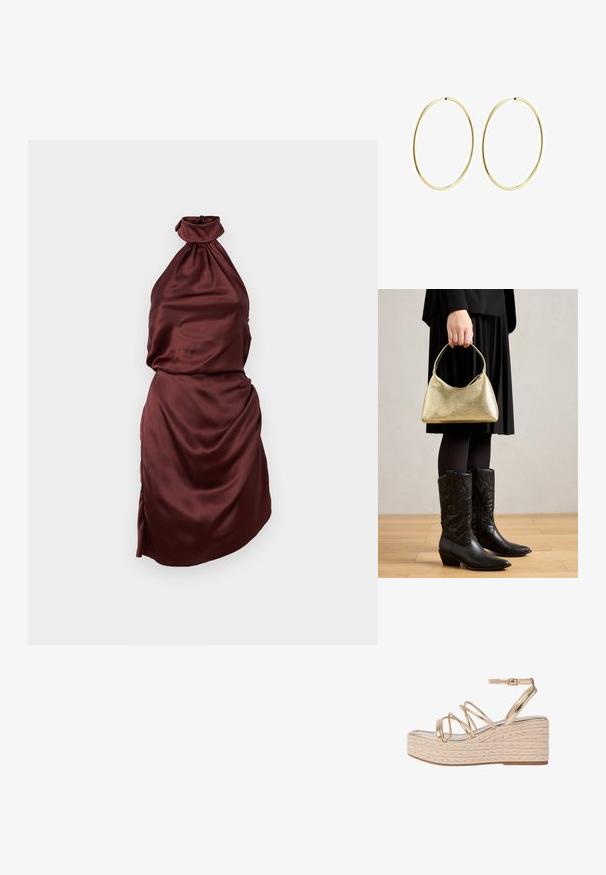Burgundska saten halterneck obleka z nabranim dekoltejem, oprijetim korpusom in drapirano krilo, ki ima stranski razporek. Gladka tekstura.; Zlate kovinske wedges sandale z pleteno juto platformo, ki imajo več tankih trakov in zapenjalo za gleženj za podporo.; Zlati torbica z strukturo in ukrivljeno obliko ter kratko ročico, jo drži oseba v črnem nabranem krilu in črnih usnjenih kavbojkah.; Zlate obroče za ušesa z gladkim, zaobljenim dizajnom. Tanki in lahki, z neprekinjenim krogom brez okrasnih elementov.