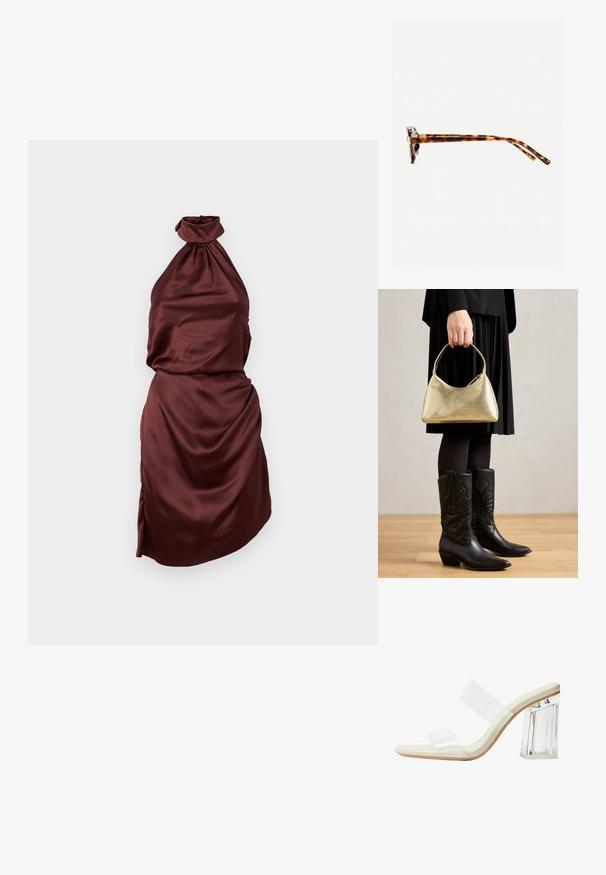 Rochie satinată bordeaux cu guler halter, decolteu strâns, corset ajustat și fustă plisată, având o fante laterală. Textură netedă.; Sandale cu toc transparent, având curele transparente, o talpă bej și un toc gros, transparent. Design elegant și neted, cu o estetică minimalistă.; Ochelari de soare cu ramă de țestoasă, cu un cadru gros, temple ușor curbate și textură netedă. Prezintă un design clasic, cu o finisare lucioasă.; Geantă texturată aurie cu o formă curbată și mânere scurte, ținută de o persoană care poartă o fustă plisată neagră și cizme cowboy negre din piele.